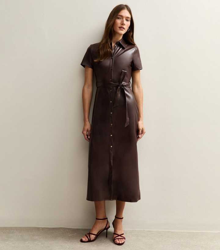 Dark Brown Faux Leather Shirt Midi Dress