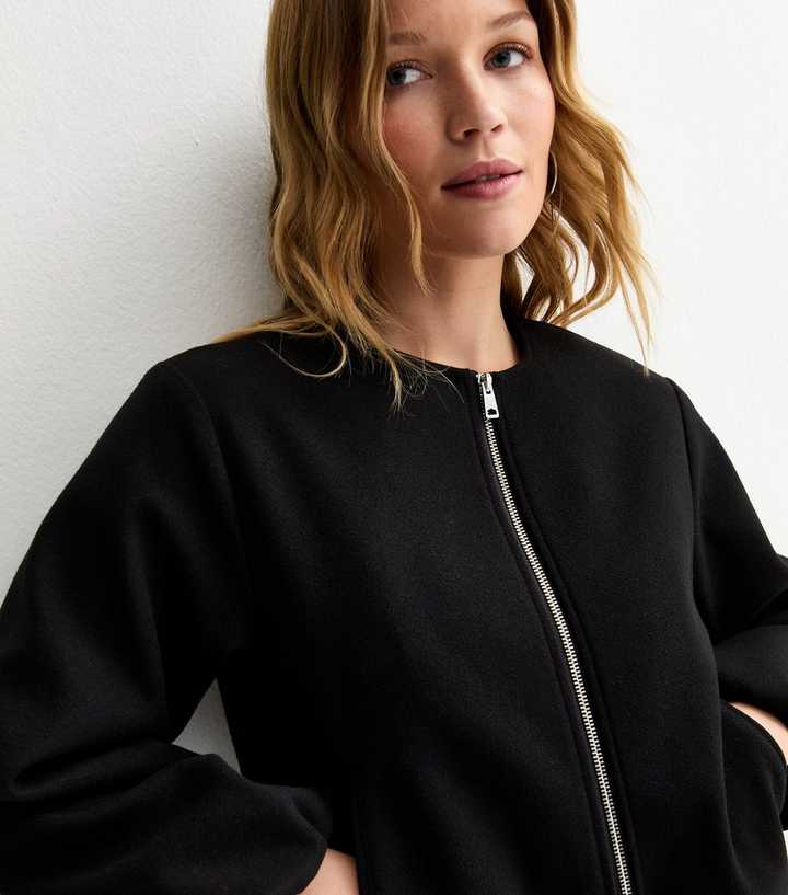 Black Collarless Zip Through Bomber Jacket