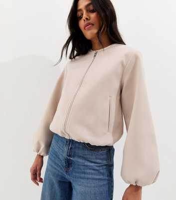 Stone Collarless Zip Through Bomber Jacket