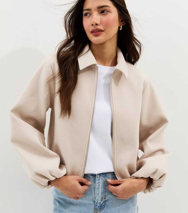 Cream Zip Through Collared Bomber Jacket