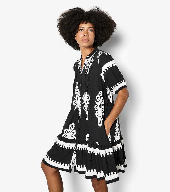 Apricot Black Baroque Print Mini Shirt Dress