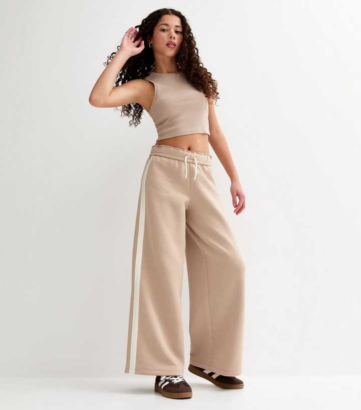Girls Camel Fold Over Waistband Super Wide Leg Joggers