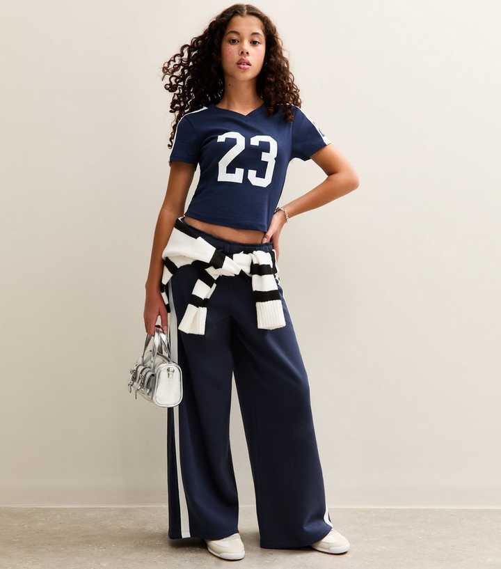 Girls Navy Foldover Waist Super Wide Leg Joggers