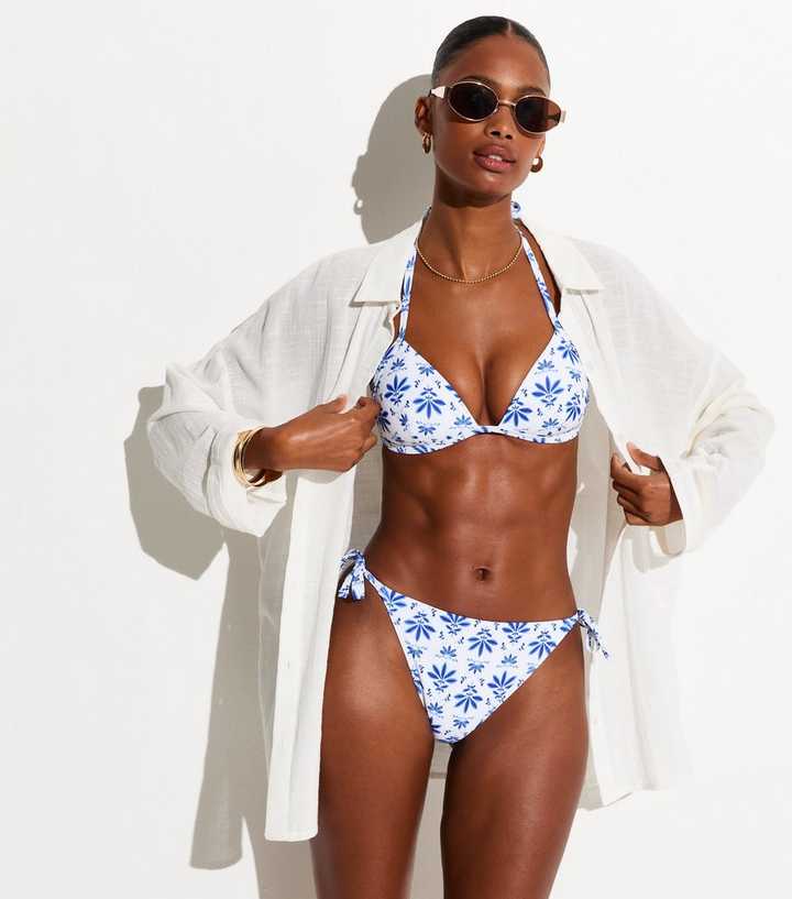Blue Floral Print Tie Side Bikini Briefs