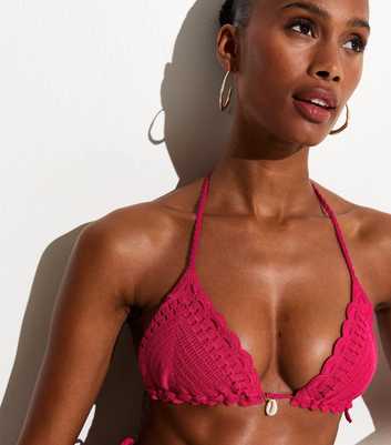 Dark Pink Crochet Triangle Shell Bikini Top