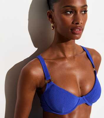 Blue Crinkle Textured O-Ring Underwire Bikini Top