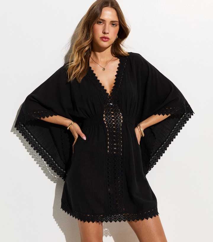 Black Cotton Crochet Trim Beach Kaftan Dress