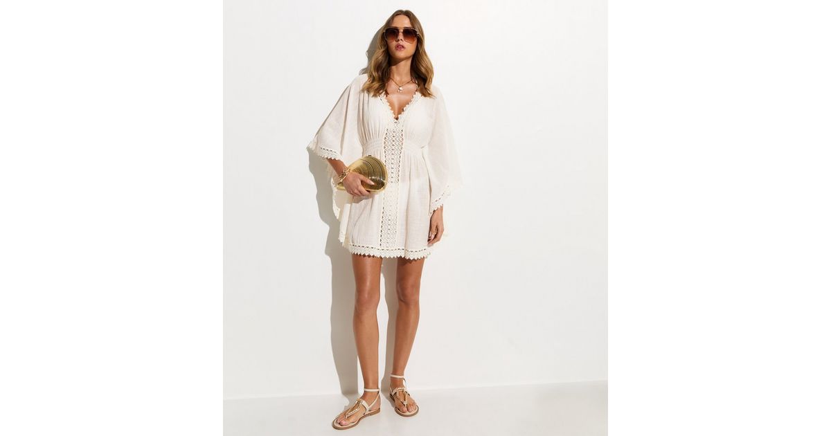 White Cotton Crochet Trim Beach Kaftan Dress | New Look