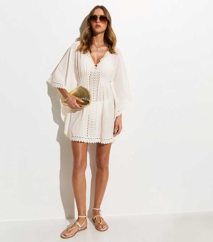 White Cotton Crochet Trim Beach Kaftan Dress