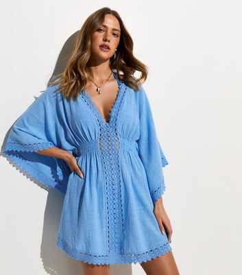Light Blue Cotton Crochet Trim Beach Kaftan Dress
