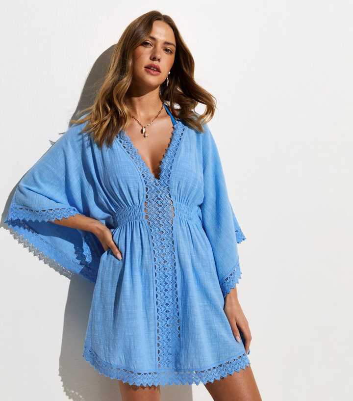 Light Blue Cotton Crochet Trim Beach Kaftan Dress