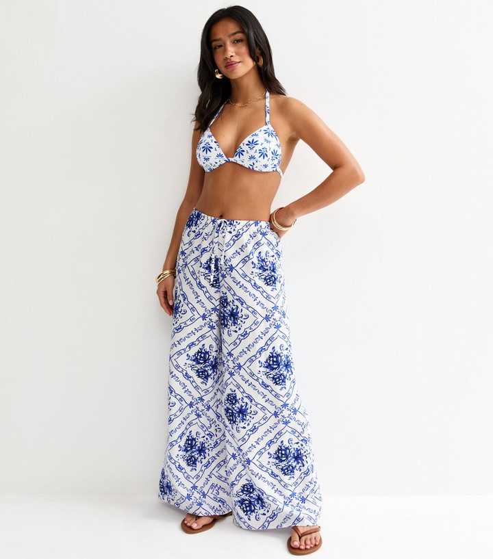 Petite Blue Floral Beach Wide Leg Trousers