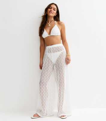 Petite White Crochet Beach Wide Leg Trouser