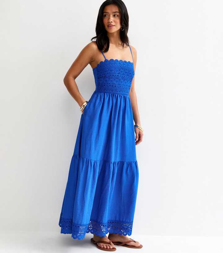 Petite Blue Crochet Panel Maxi Dress