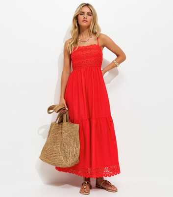 Petite Bright Red Crochet Panel Maxi Dress