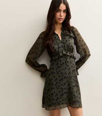 Khaki Floral Long Sleeve Frill High Neck Mini Dress
