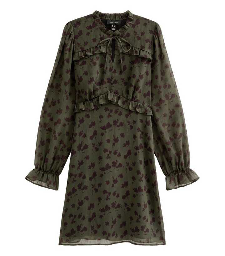 Khaki Floral Long Sleeve Frill High Neck Mini Dress | New Look