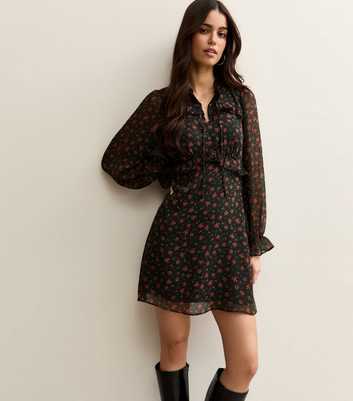 Black Rose Long Sleeve Frill High Neck Mini Dress