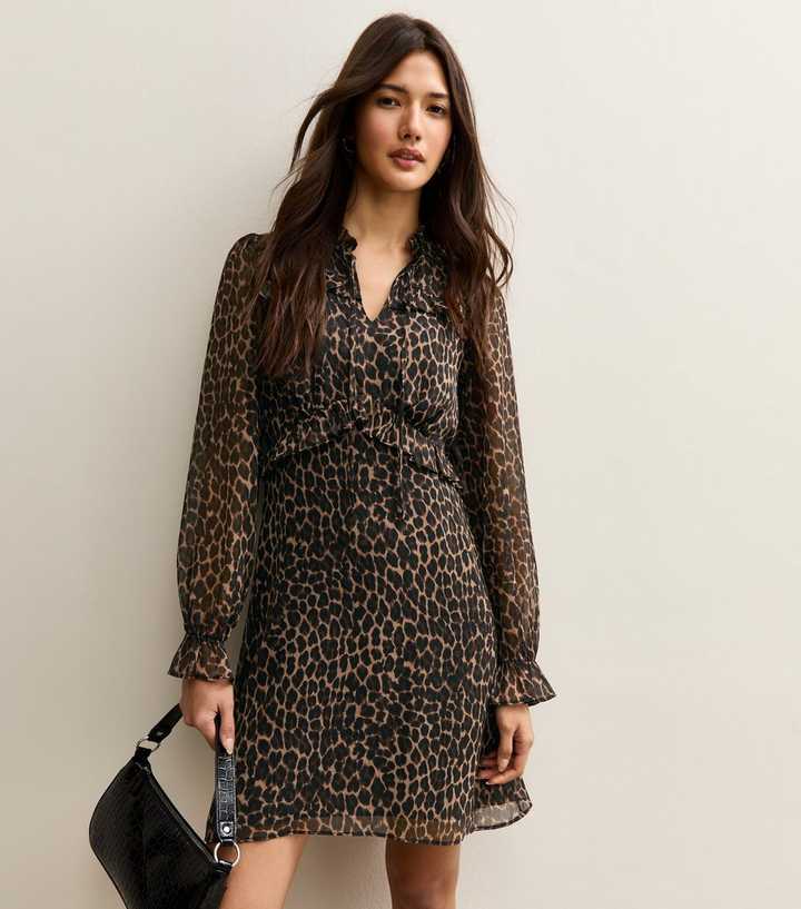 Brown Animal Print Long Sleeve Frill High Neck Mini Dress