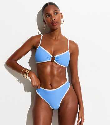 Light Blue Contrast Hem High Leg Hipster Bikini Bottoms