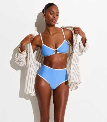 Light Blue Contrast Trim High Waist Bikini Bottoms