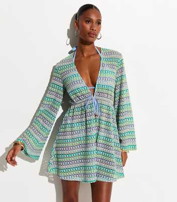 Blue Crochet Flared Sleeve Kaftan Beach Dress