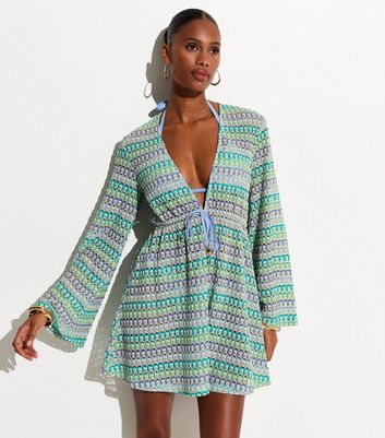 Blue Crochet Flared Sleeve Kaftan Beach Dress | New Look