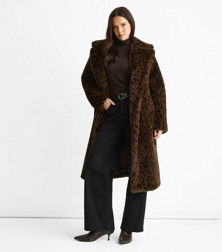 Gini London Premium Brown Animal Print Faux Faux Coat