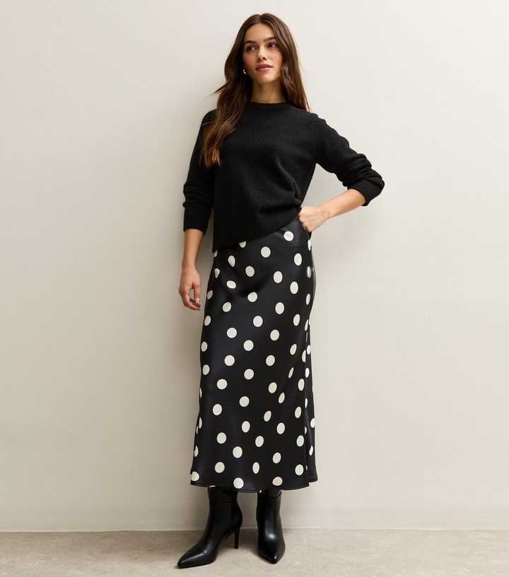 Petite Black Polka Dot Bias Cut Midi Skirt