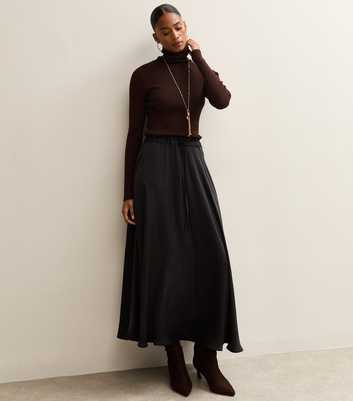 Black Crinkled Satin Circle Midi Skirt