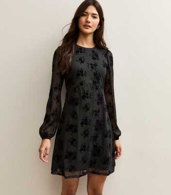 Black Floral Devore Long Sleeve Mini Dress