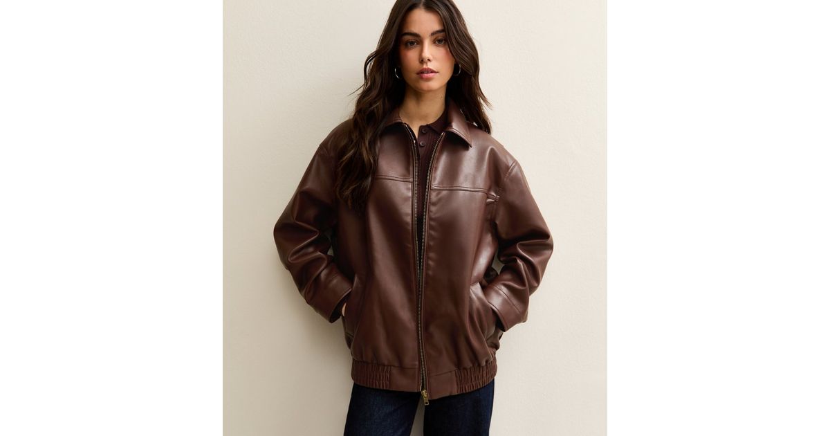 Dark Brown Faux Leather Oversized Bomber Jacket