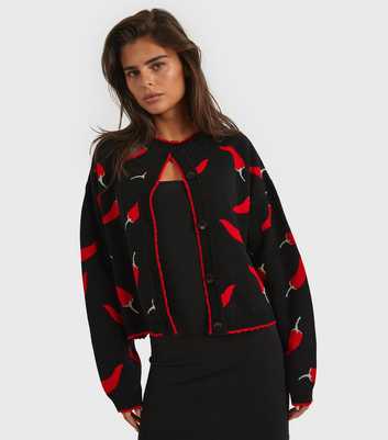 Skinnydip Black and Red Chilli Patterned Cardigan