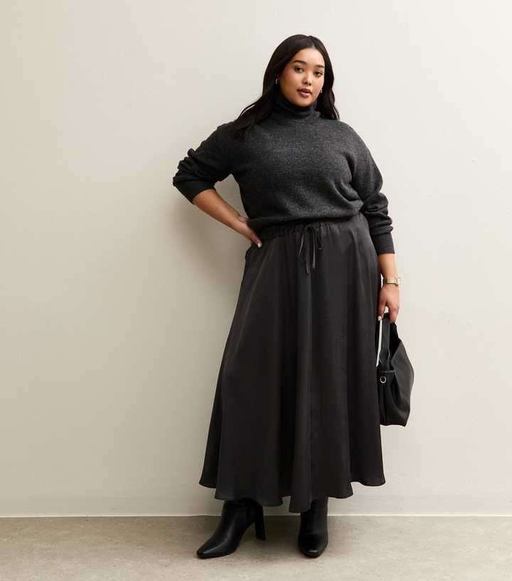 Curves Black Satin Gathered Midi Skirt