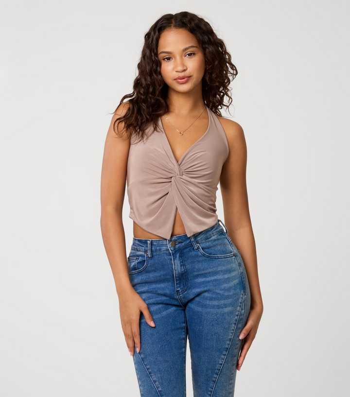 Pink Vanilla Light Brown Knorted Front Halterneck Front Top
