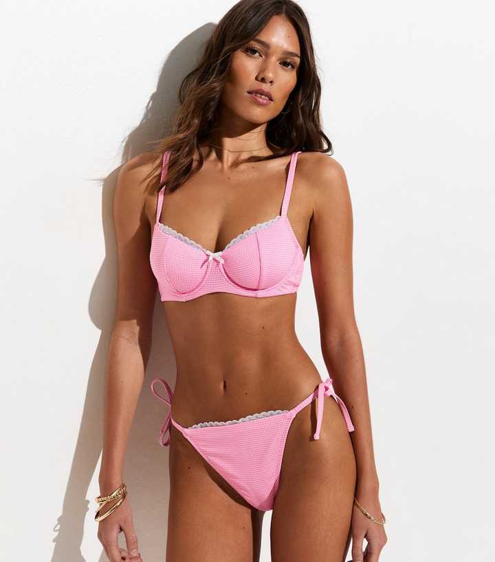 Pink Gingham Lace Tie Side Bikini Bottoms