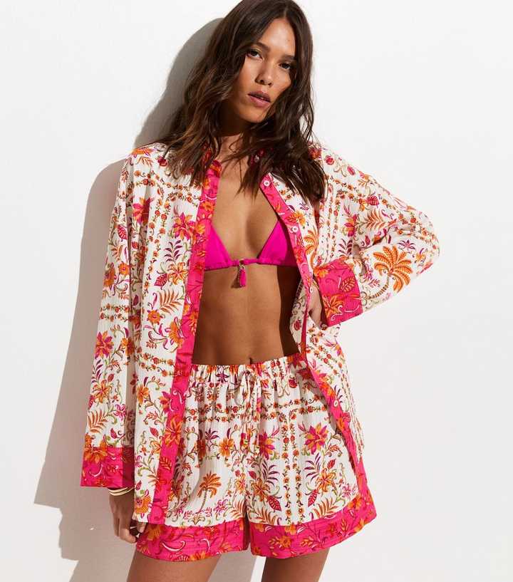 White Floral Print Oversized Woven Beach Shirt