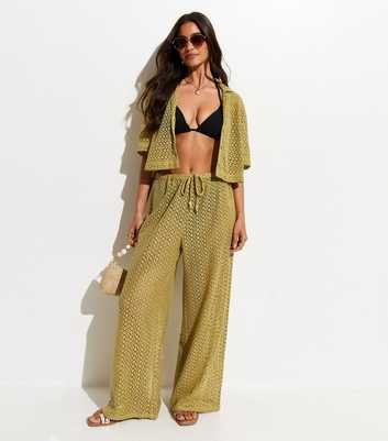 Green Crochet Knit Wide Leg Trousers