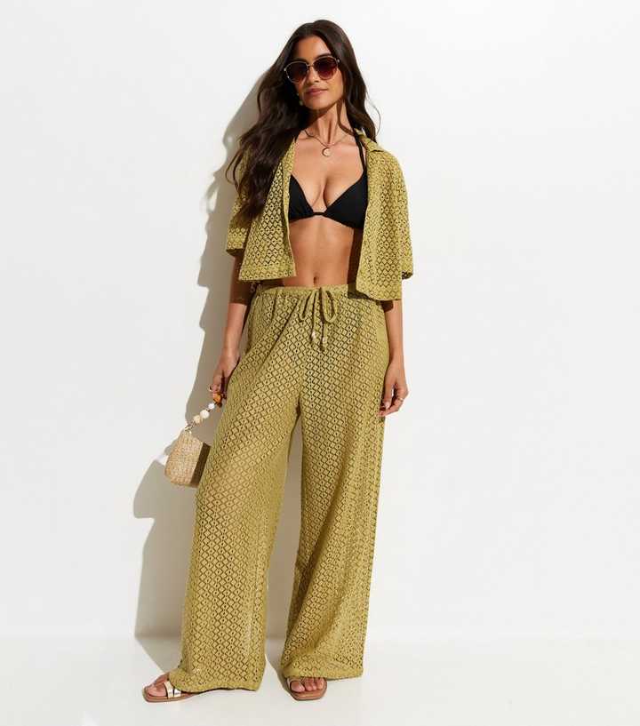 Green Crochet Knit Wide Leg Trousers