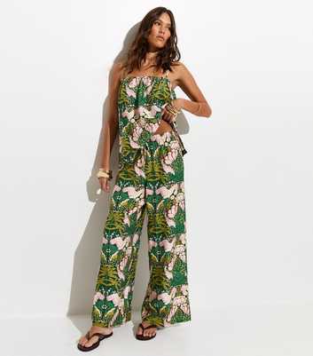 White Tropical Lotus Print Beach Trousers