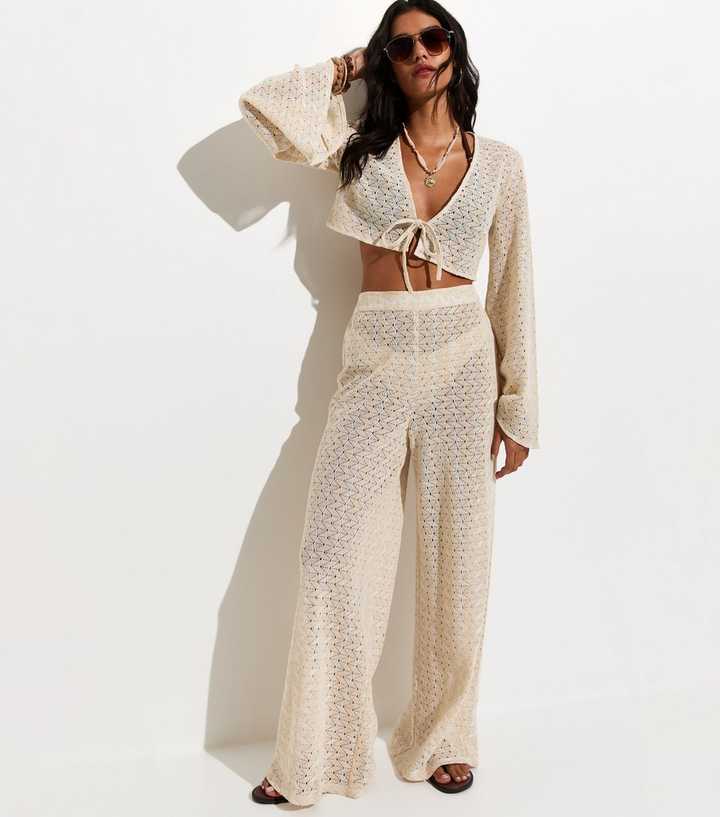 Off White Cotton Rich Crochet Knit Beach Trousers