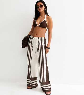Petite White and Brown Striped Beach Wide Leg Trousers
