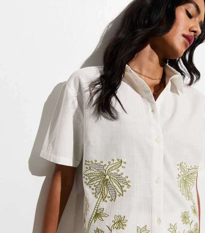 White Woven Palm Embroidered Cotton Beach Shirt