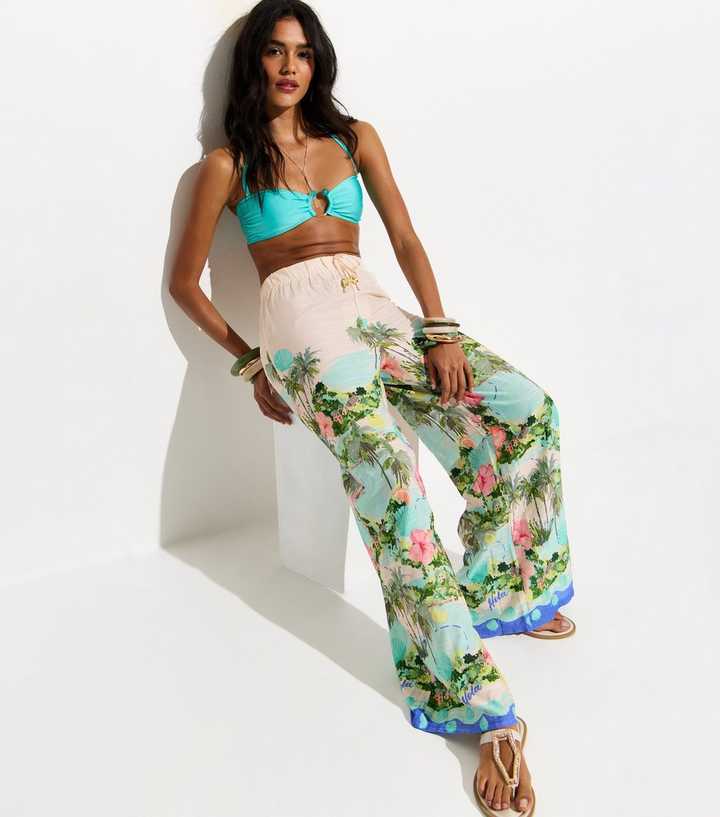 White Tropical Print Wide Leg Trousers