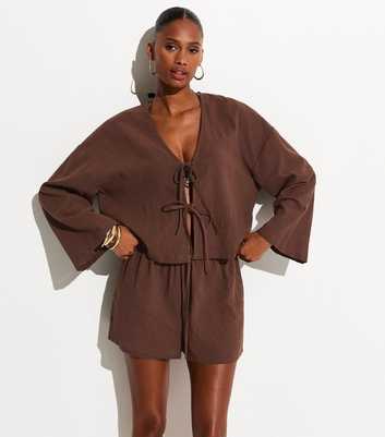 Brown Cotton Slub Tie Front Beach Shirt