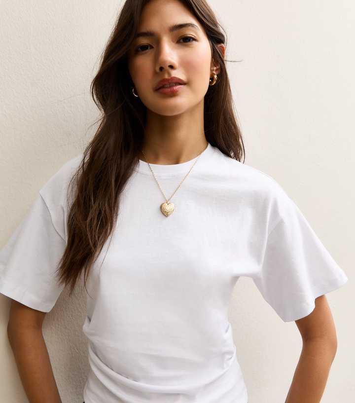White Ruched Waist Crew Neck T-Shirt