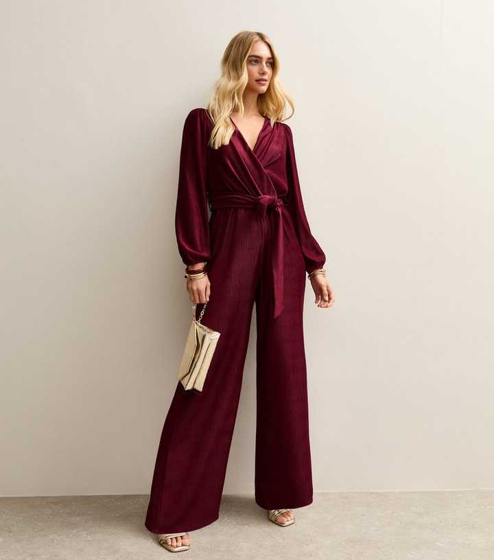 Dark Burgundy Crinkled Wide Leg Wrap Jumpsuit