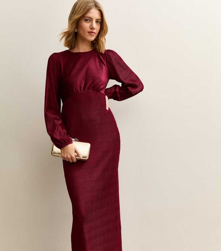 Dark Burgundy Plisse Midi Dress