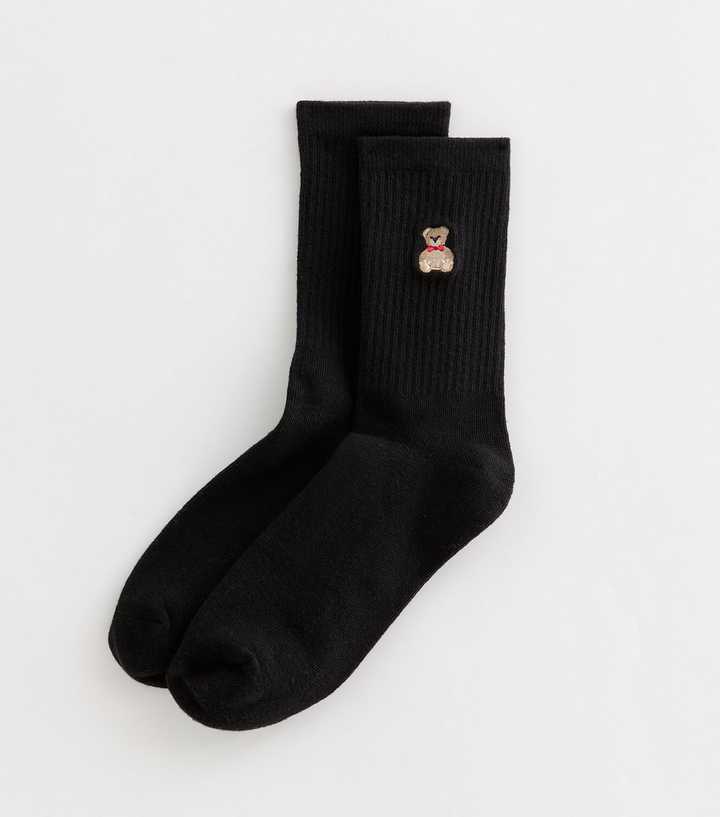 Black Embroidered Teddy Bear Ankle Socks