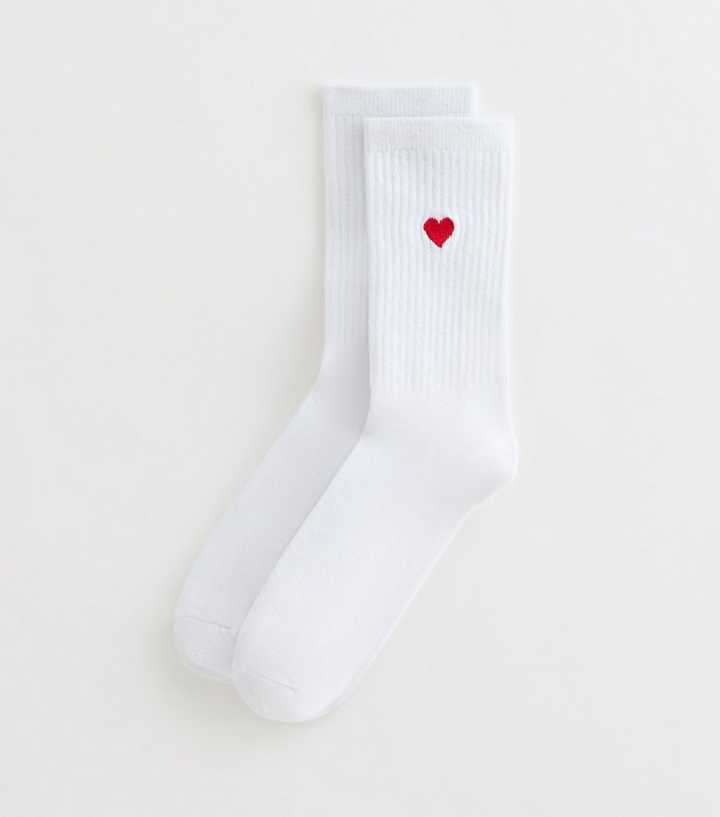 White Embroidered Heart Tube Sock